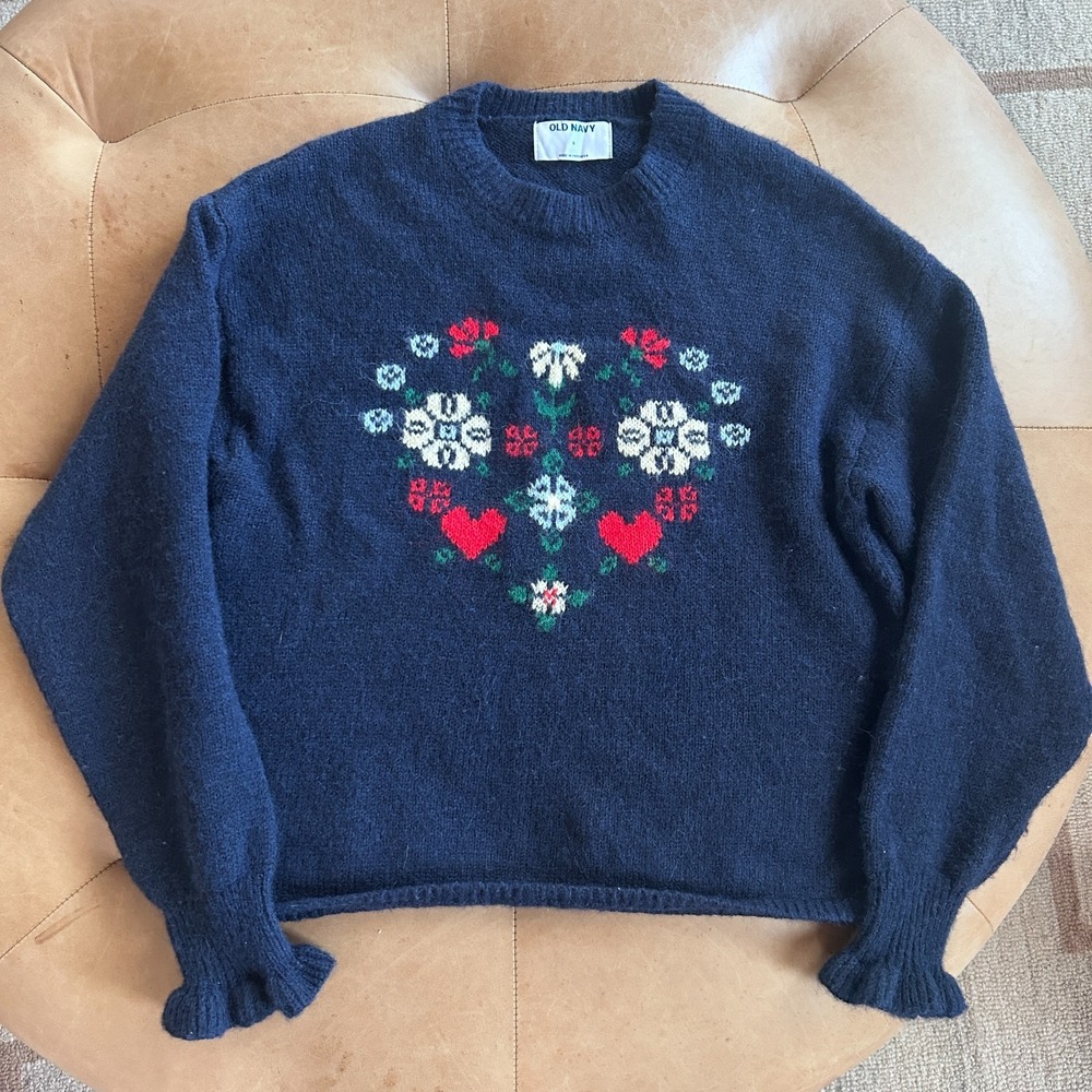 Wool Blend Folk Floral Heart Sweater Nordic Blue Ruffle Sleeve Cottagecore S